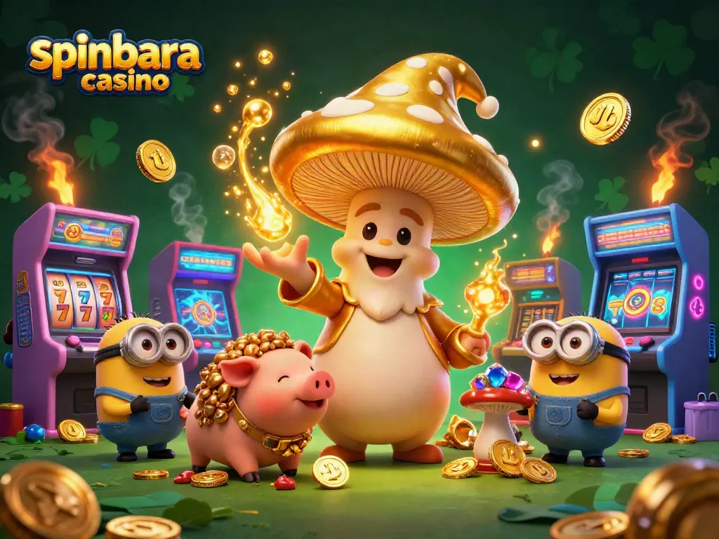 Experience the magic of spinbara casino with a whimsical illustration of a golden mushroom wizard and treasures.