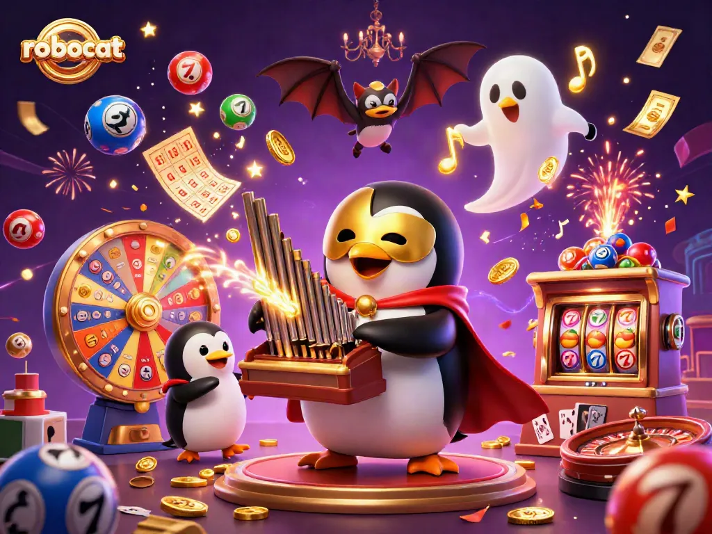 Engage with robocat-themed casino excitement featuring a charismatic penguin and dynamic gaming elements.