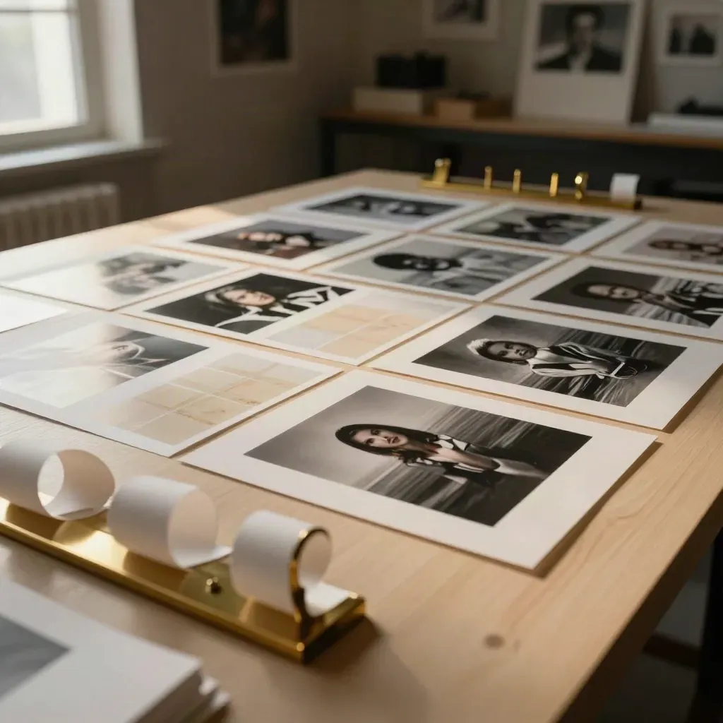 Estudio de galería con pruebas fotográficas, muestras de papel y pinza de latón.