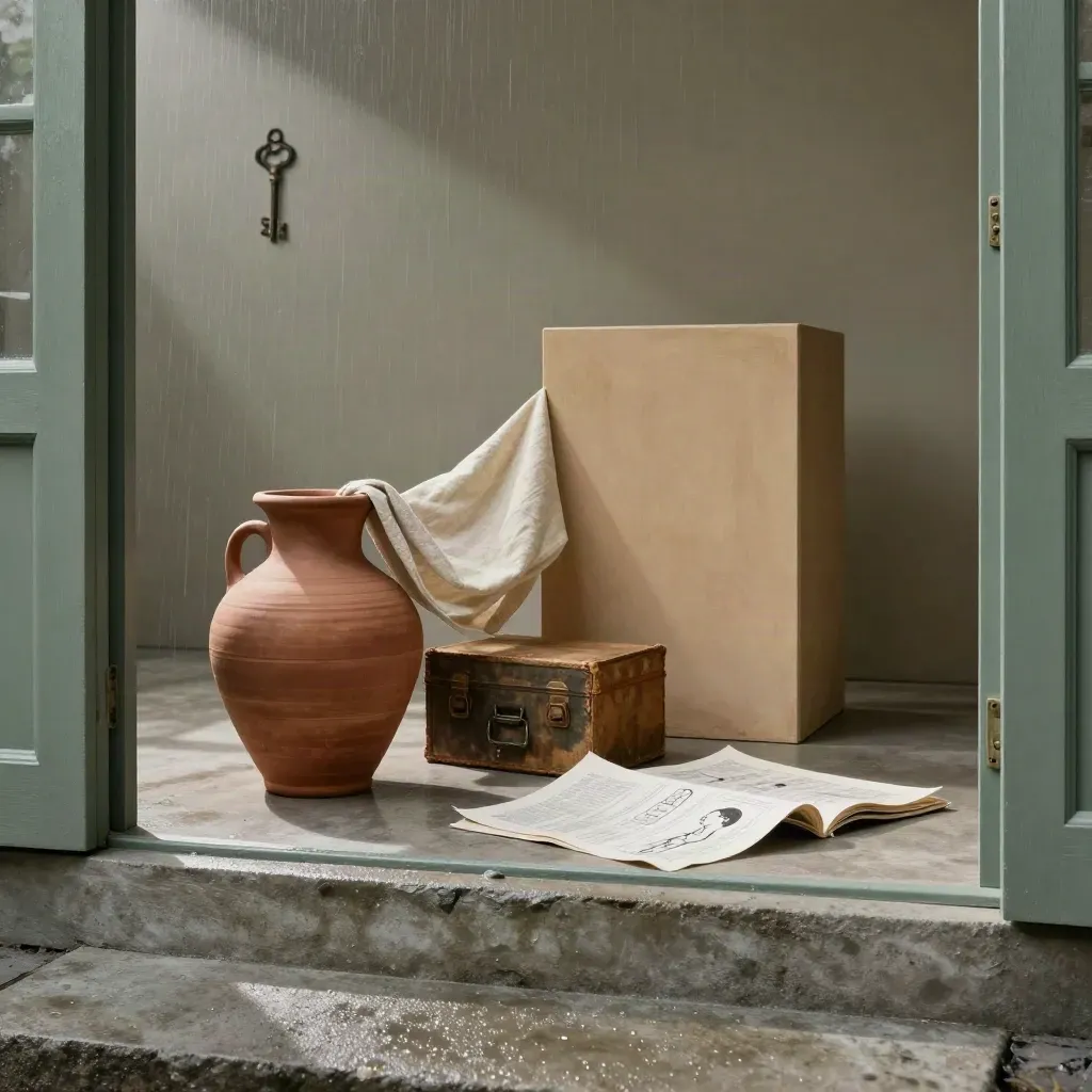 Bodegón cinematográfico de cerámica, lino, plinto, caja de archivo y maquetas en un umbral húmedo.