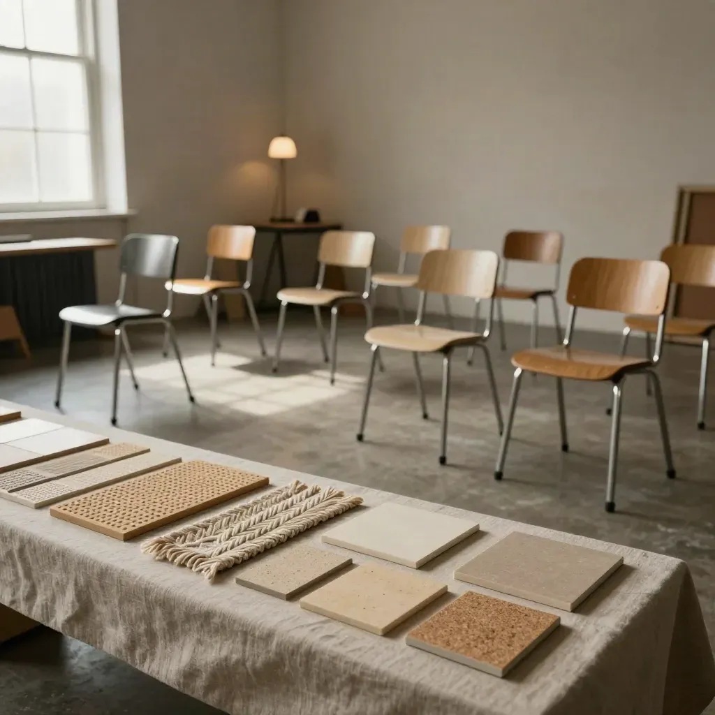 Sala de taller de accesibilidad con sillas ajustables, baldosas táctiles y muestrarios de tela trenzada.