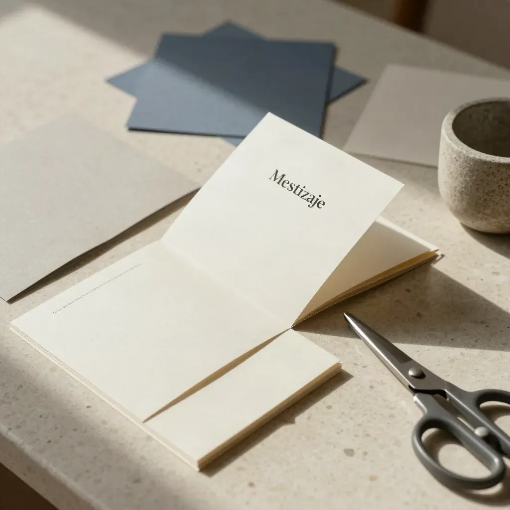 Plano cenital de folletos, muestras de papel, tijeras y taza de piedra sobre travertino.