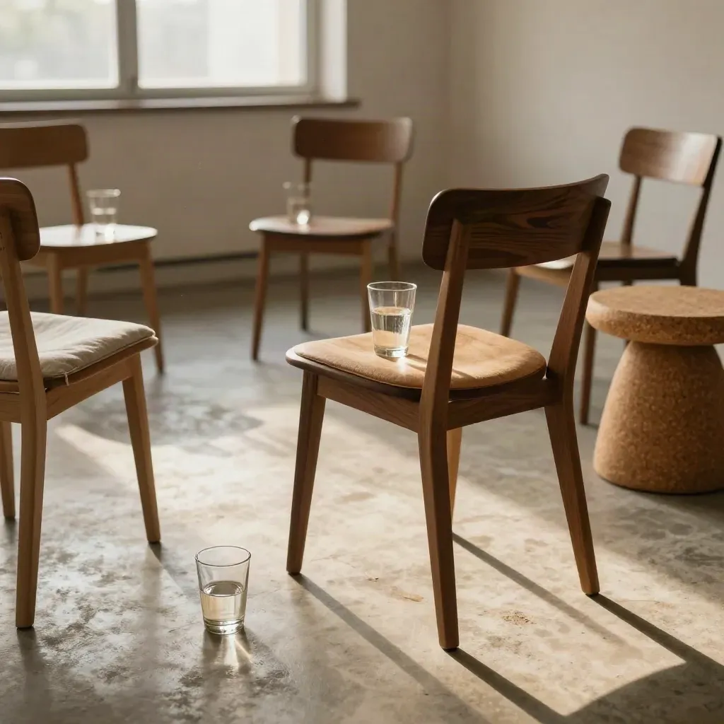 Sala de taller vacía con sillas bajas, taburetes de corcho y vasos de agua bajo luz cálida.