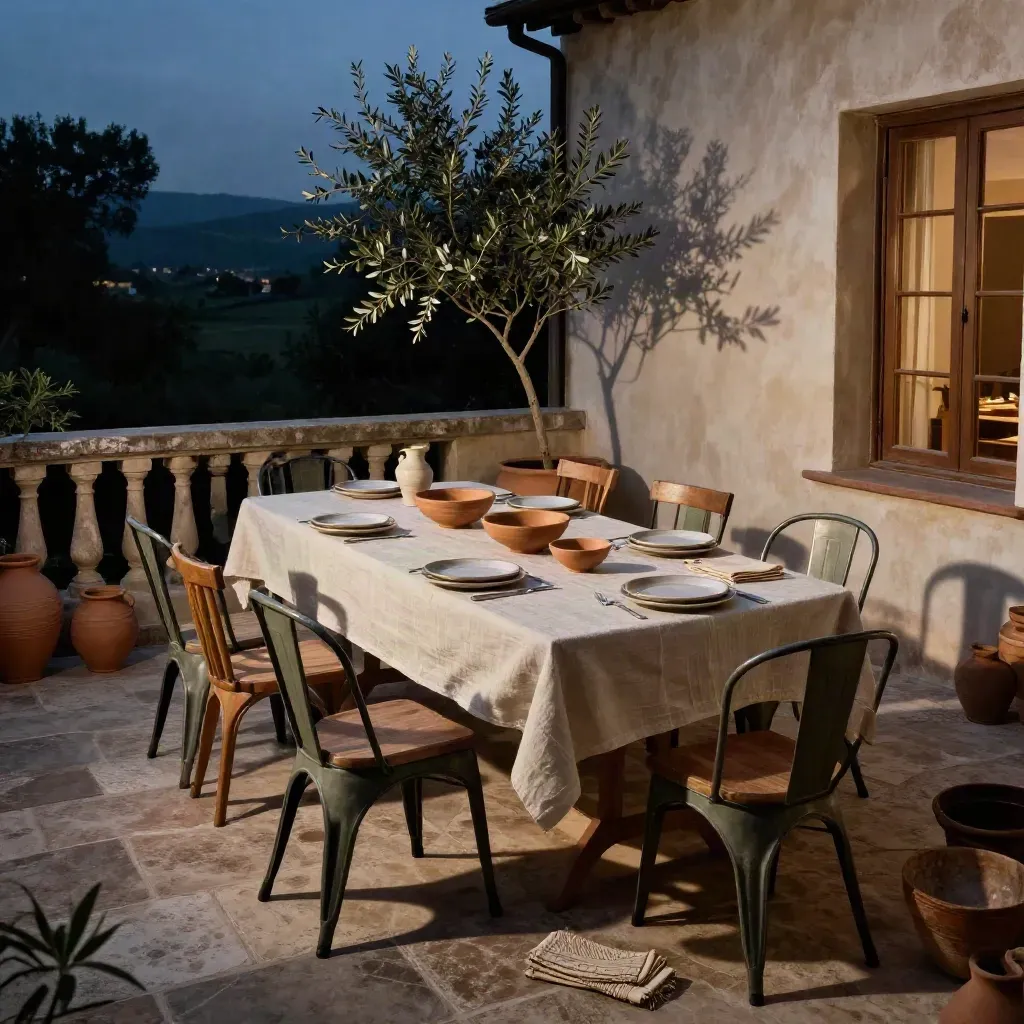 Mesa comunal en un patio al atardecer azul, con cerámica, sillas mezcladas y luz rasante.