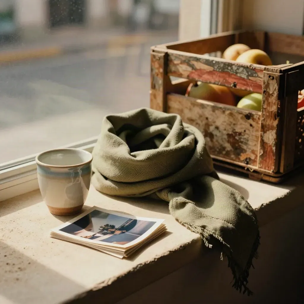 Vaso cerámico, bufanda doblada, caja de frutas y fotos boca abajo en una repisa junto a la ventana.