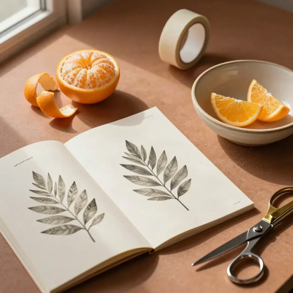 Cítricos, folletos doblados y tijeras sobre mesa terracota, con papel movido por el aire.