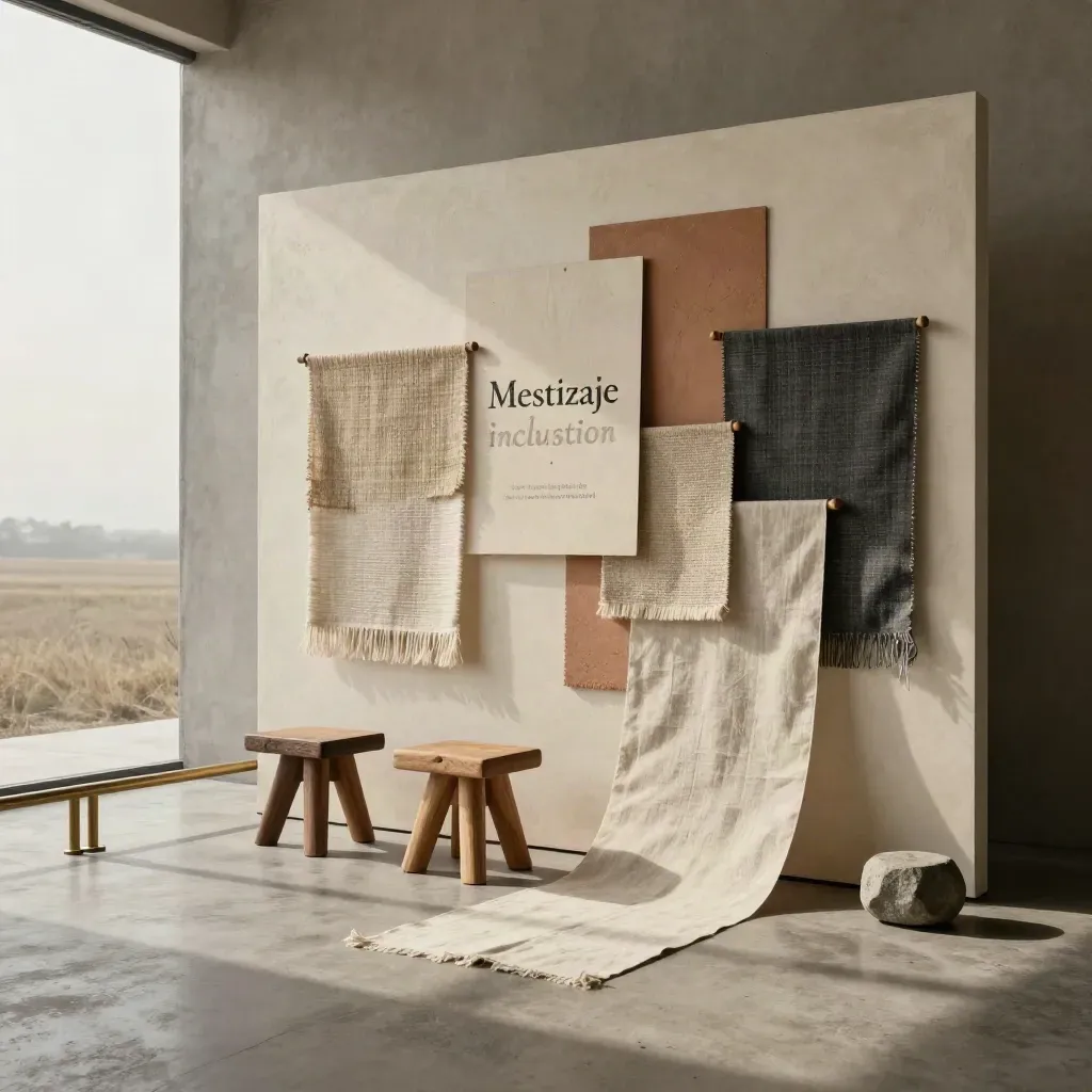 Muro modular con muestras textiles, taburetes bajos y lino sobre hormigón, en luz lateral suave.