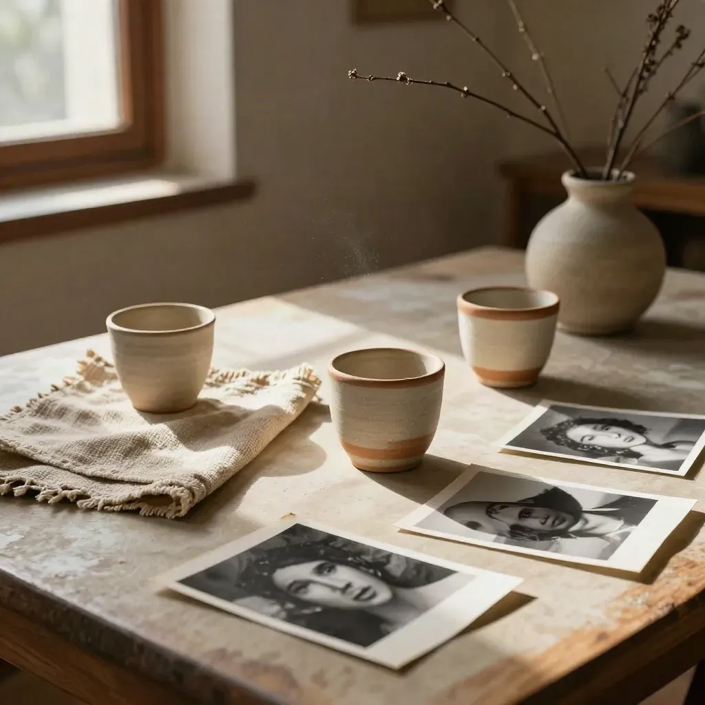 Tazas de cerámica, paño tejido, fotos boca abajo y ramas en un jarrón sobre una mesa luminosa.