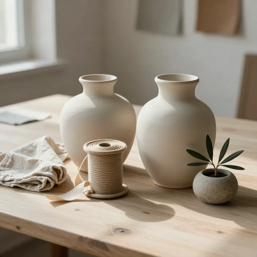 Vasos cerámicos, cintas y lino en una mesa clara, con una planta pequeña y luz suave.