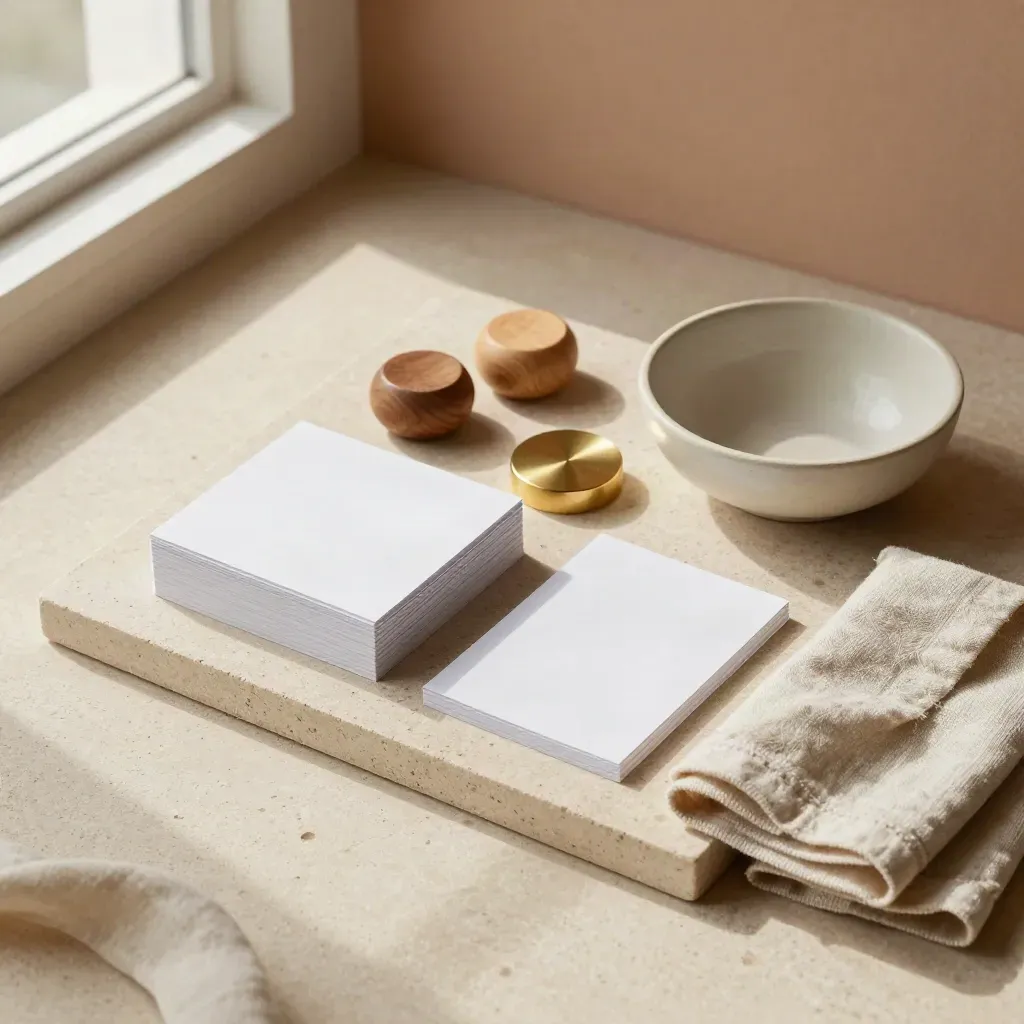 Bandeja de piedra con tarjetas, fichas de madera, tela y cuenco para taller.