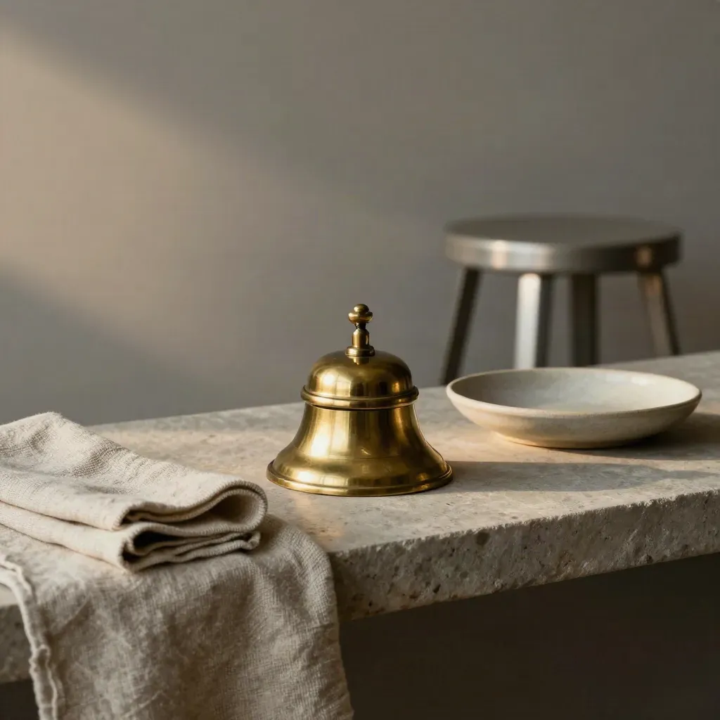 Campana de bronce, lino y cerámica sobre repisa de piedra para eventos y mediación.