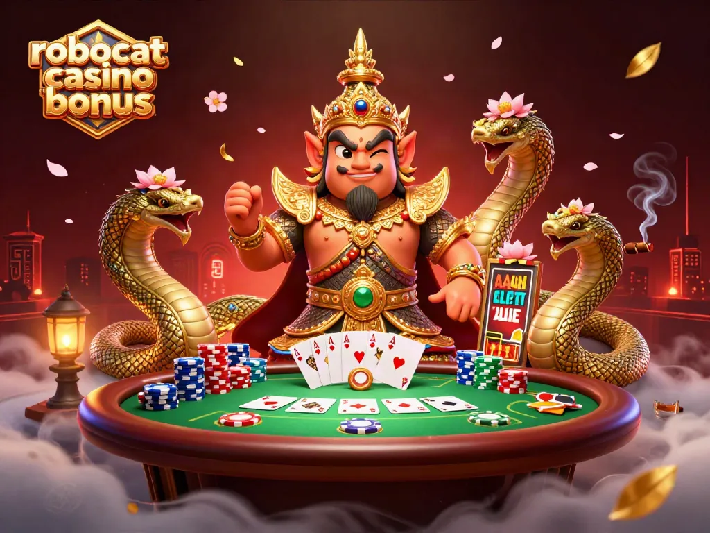 Engage in the thrill of the robocat casino bonus with vibrant visuals of poker chips, a guardian, and an elegant gaming table.